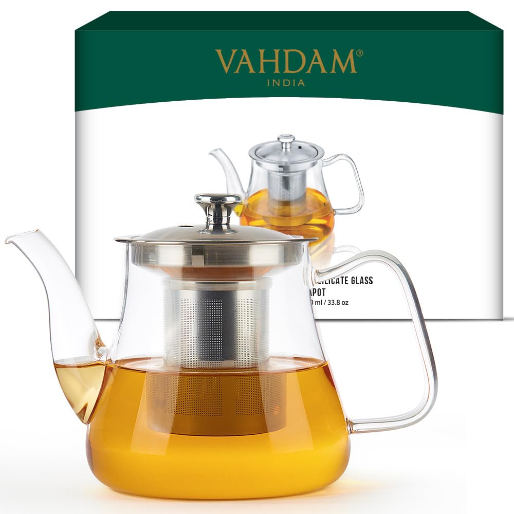 VAHDAM, 33 oz - Glass Teapot with Removable Infuser & Lid | Stovetop Safe Tea Kettle | Blooming & Loose Leaf Tea Infuser | Scratch Resistant, Microwave Safe Tea Steeper