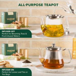 VAHDAM, 33 oz - Glass Teapot with Removable Infuser & Lid | Stovetop Safe Tea Kettle | Blooming & Loose Leaf Tea Infuser | Scratch Resistant, Microwave Safe Tea Steeper