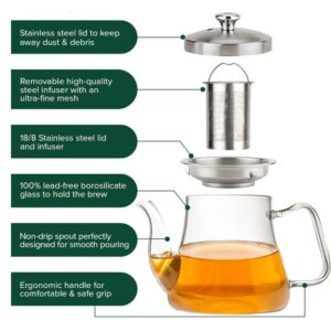 VAHDAM, 33 oz - Glass Teapot with Removable Infuser & Lid | Stovetop Safe Tea Kettle | Blooming & Loose Leaf Tea Infuser | Scratch Resistant, Microwave Safe Tea Steeper