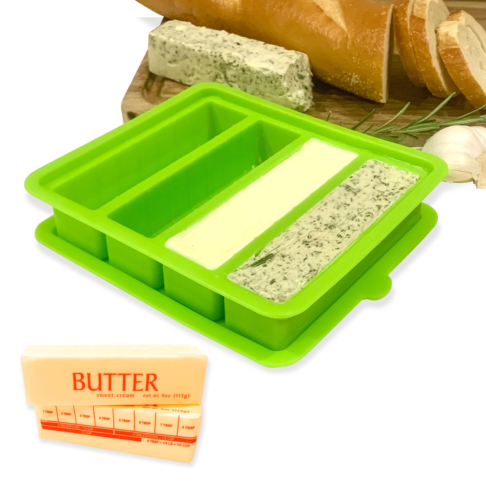 US Standard Butter Stick Size - 8 oz Silicone Butter Mold with Lid - Easy Butter Spread Holder for Homemade Butter, Herbal Butter, Candy Bars - BPA Free