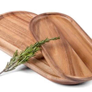 SPEShh Acacia Wooden Serving Trays Set of 2 - Rectangular Oval Shaped Wood Plates for Charcuterie Cheese Bread Fruit Vegetable Dip Sushi - Rustic Serving Platter Shallow Dishes -14x7 & 11x5.5 in.