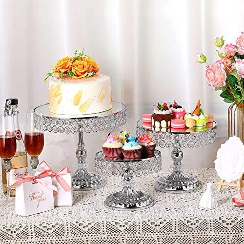 Set of 6 Silver Cake Stands Round Metal Party Cake Stand Set with Crystal Edge Dessert Display Plate Cupcake Holder Stands for Wedding Party Birthday Baby Shower Anniversaries Celebration Home Decor