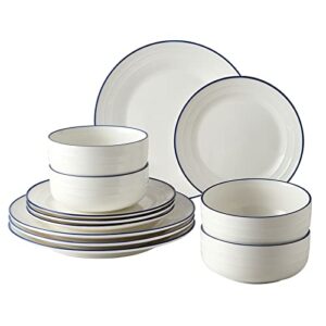 pokini white dinnerware sets, 12-piece threaded relief kitchen dinner set, plates, bowls, service for 4, porcelain round embossed dish set with cafe stripe