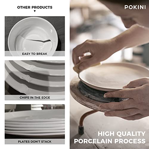 Pokini White Dinnerware Sets, 12-Piece Threaded Relief Kitchen Dinner Set, Plates, Bowls, Service for 4, Porcelain Round Embossed Dish Set with Cafe Stripe