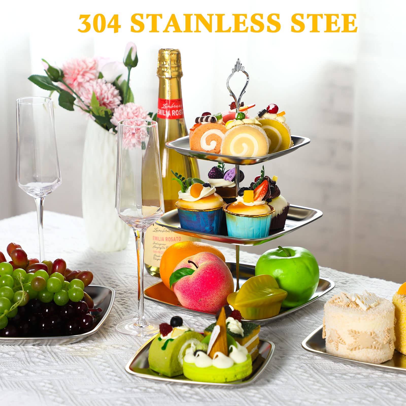 Gerrii 2 Pcs Metal 3 Tiered Cupcake Stand Cake Stand Pastry Stand 3 Tiered Stainless Steel Cup Cake Dessert Stand Serving Tray for Wedding Birthday Party (Silver)