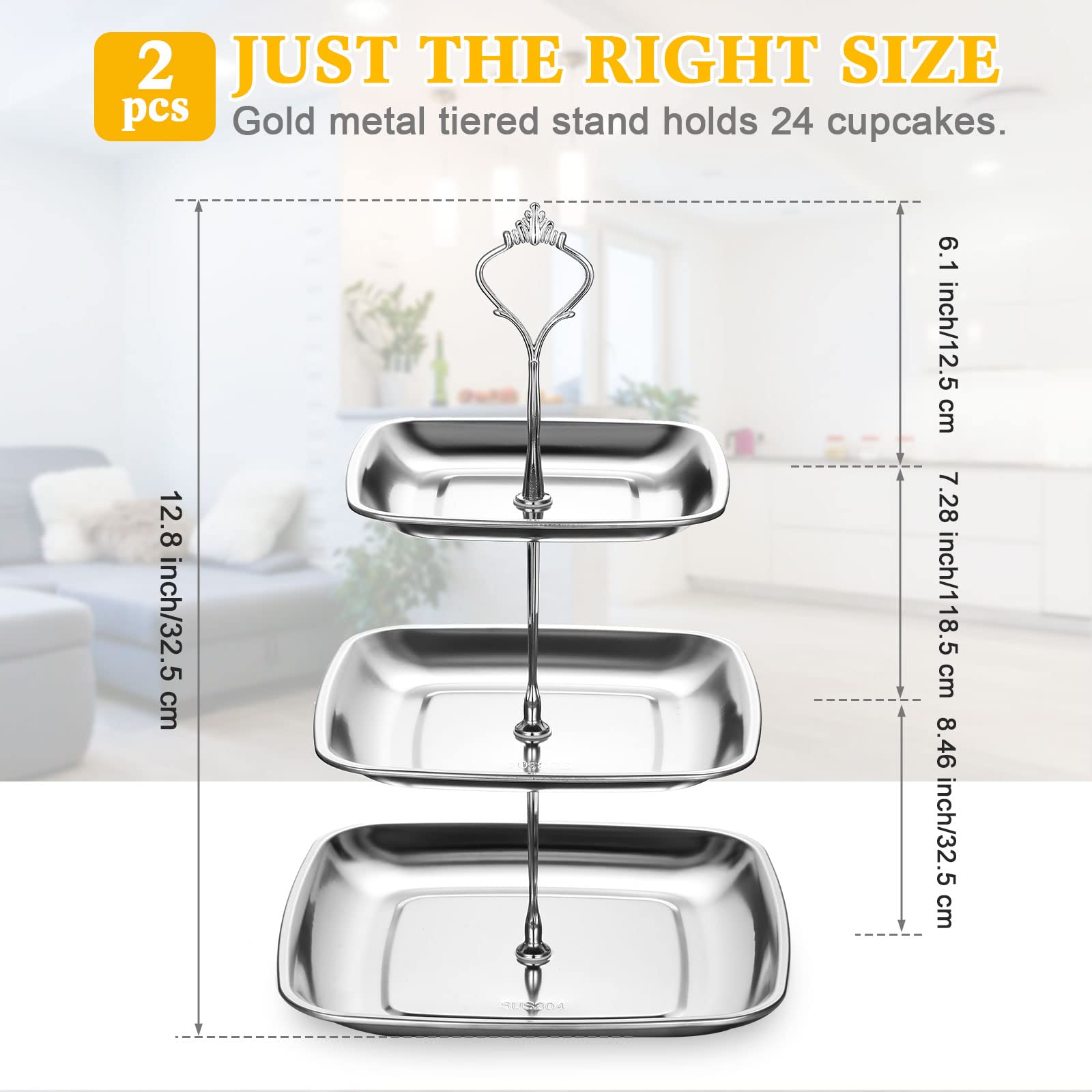 Gerrii 2 Pcs Metal 3 Tiered Cupcake Stand Cake Stand Pastry Stand 3 Tiered Stainless Steel Cup Cake Dessert Stand Serving Tray for Wedding Birthday Party (Silver)