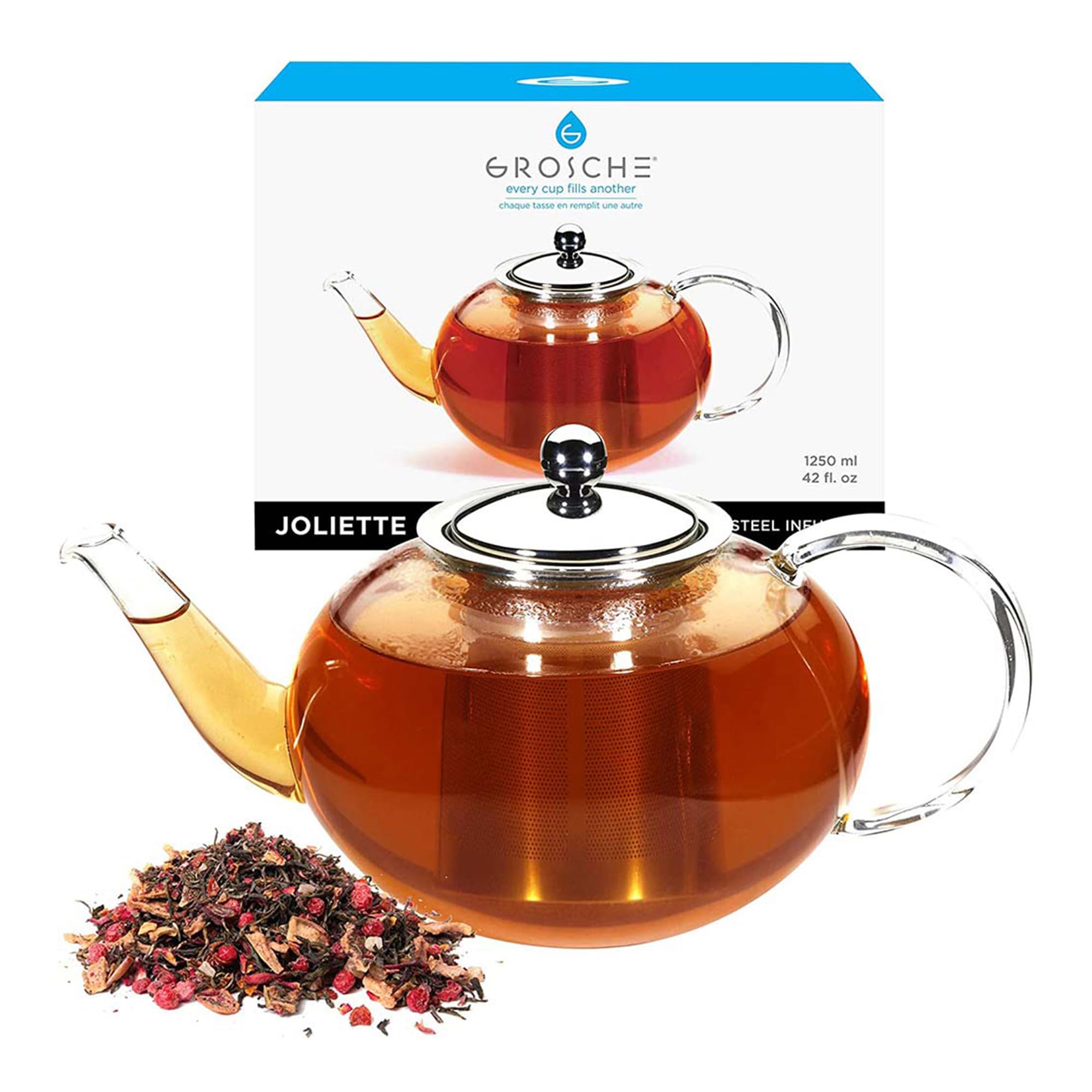 GROSCHE Joliette Glass Tea Pot with Infuser - Tea Pot Glass For Loose Tea - Clear Tea Pot - Blooming Tea Pot - Herbal Tea Pot - Borosilicate Glass Loose Leaf Brewer (1250ml, 42 fl. oz)