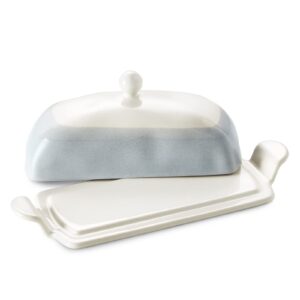 dowan butter dish, ceramic butter keeper for countertop, 8.6 inch butter holder with handle cover, for home kitchen decor, butter container perfect for east west coast butter, light blue & white