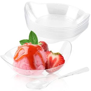 qeirudu 100 pack 1 oz mini dessert plates, 3-1/8 x 2-5/8 inches small clear appetizer plates with spoons for serving hors d'oeuvres, cheesecake, strawberry, chocolate truffles
