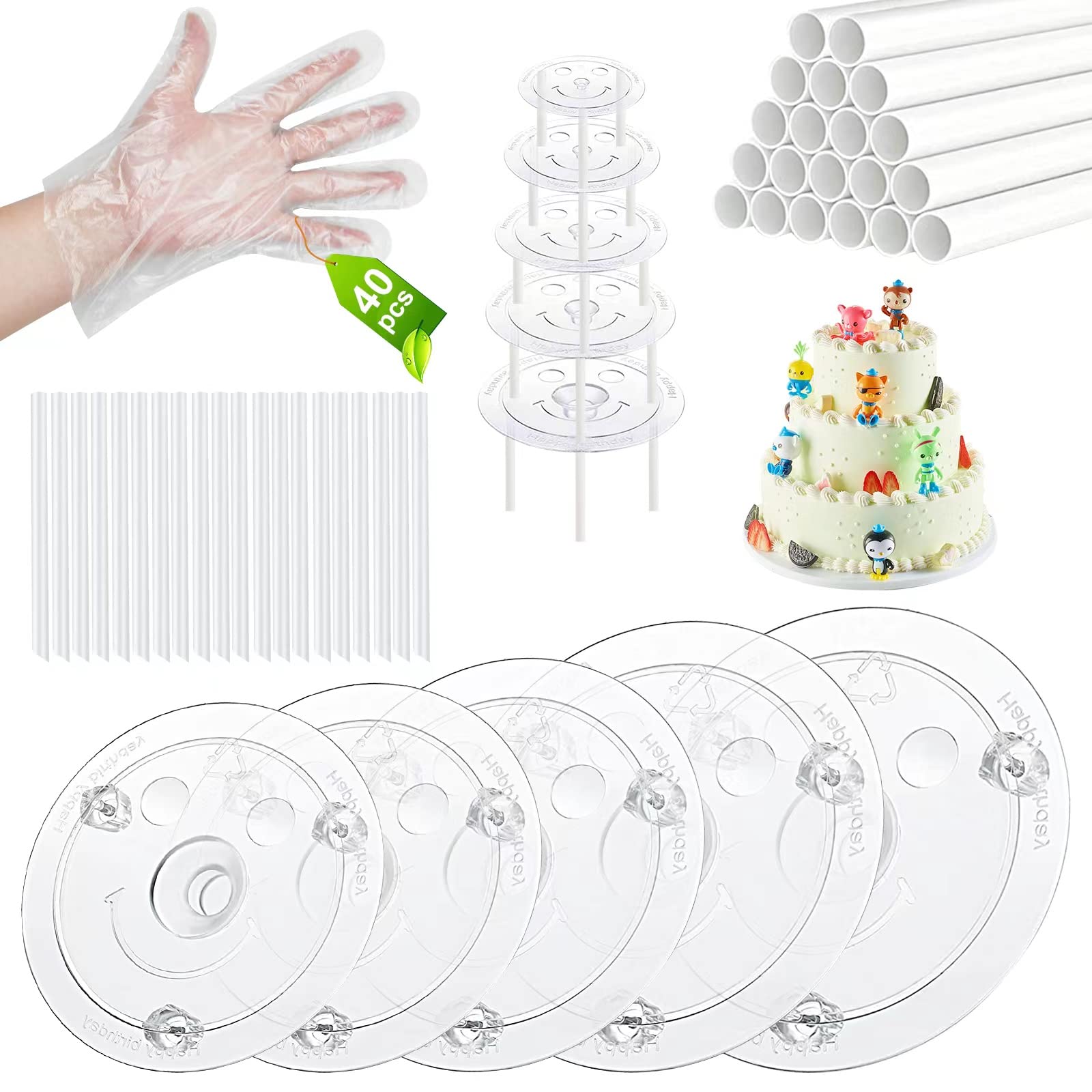 Aufind 85 PCS Plastic Cake Dowel Rods Set, 20 White Plastic Cake Sticks Support Rods with 5 Cake Separator Plates for 4, 6, 8, 10,12 Inch Cakes and 20 Clear Cake Stacking Dowels for Tiered Cakes