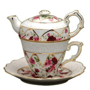 gracie china by coastline imports 4-piece porcelain tea for one, stacked teapot cup saucer, red rose