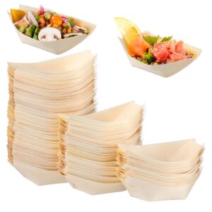 hemoton bamboo wooden boat disposable wood boat plates dishes mini sushi boat sushi serving tray bamboo leaf boat food container wood bowl for catering and home use 100pcs (3.3x2.3inch)