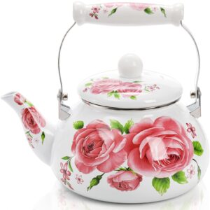 Hiceeden 2.5L Enamel Tea Pot for Stovetop, Pink Vintage Tea Kettle with Floral Pattern, Delicate Cute Steel Water Kettle Pot with Porcelain Handle