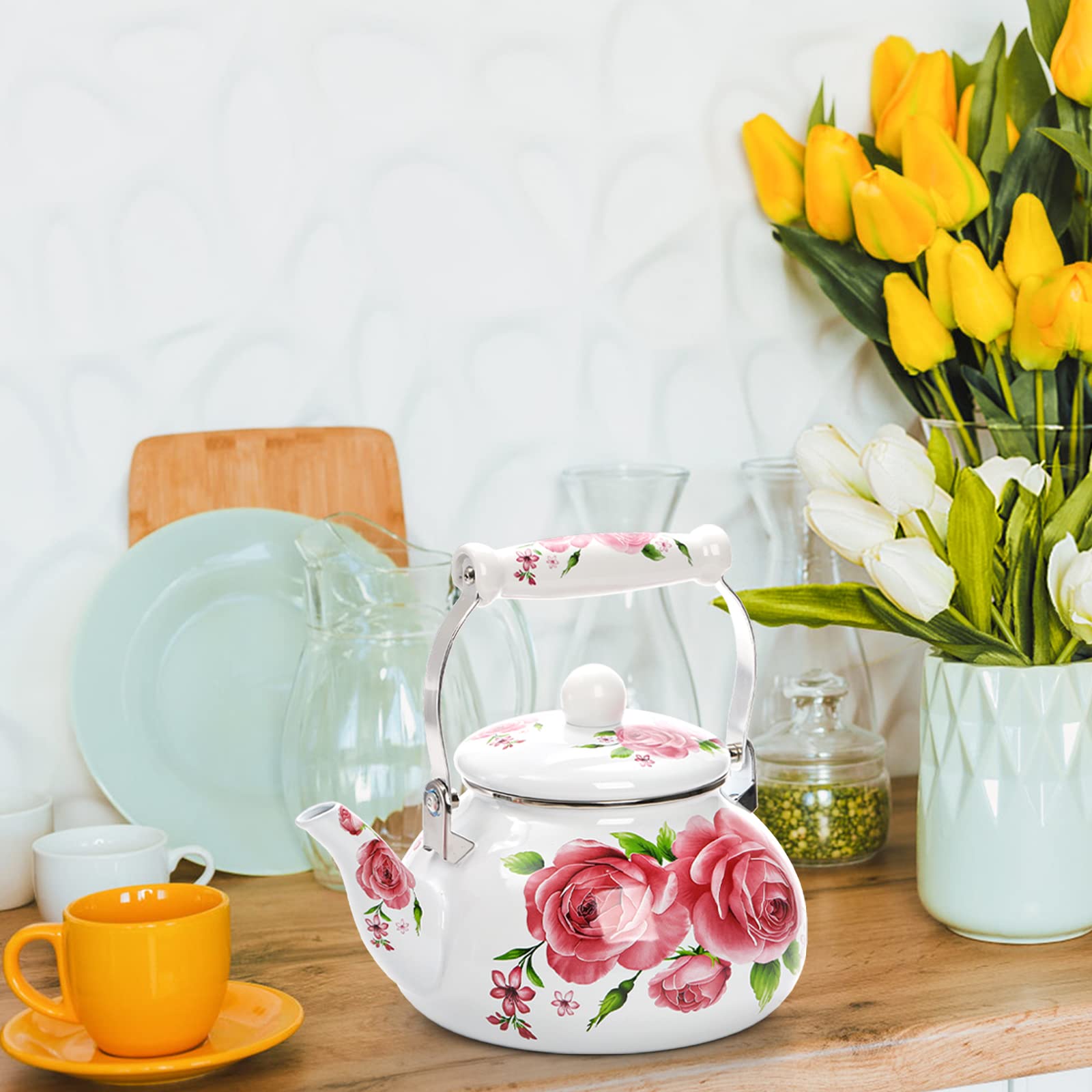 Hiceeden 2.5L Enamel Tea Pot for Stovetop, Pink Vintage Tea Kettle with Floral Pattern, Delicate Cute Steel Water Kettle Pot with Porcelain Handle