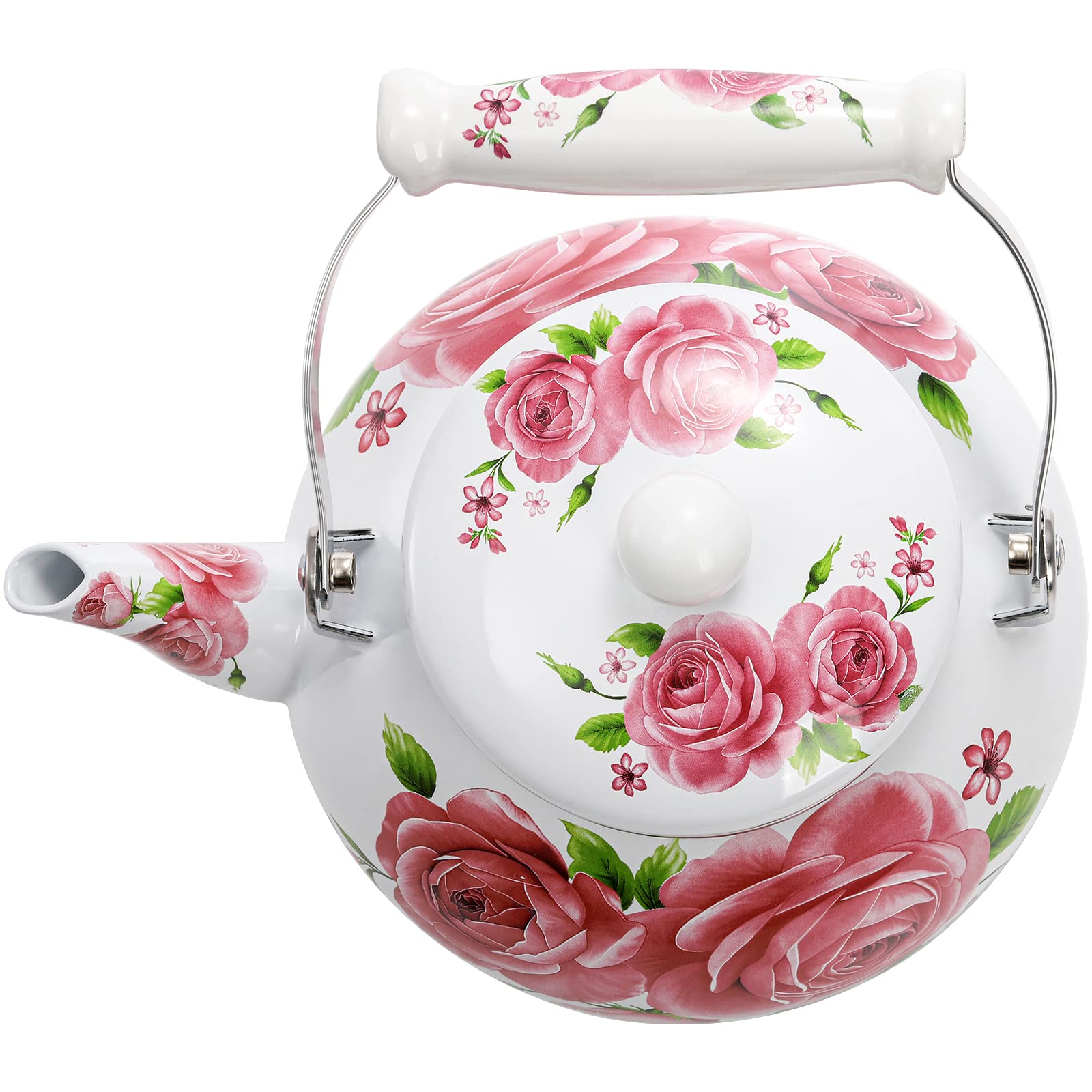 Hiceeden 2.5L Enamel Tea Pot for Stovetop, Pink Vintage Tea Kettle with Floral Pattern, Delicate Cute Steel Water Kettle Pot with Porcelain Handle