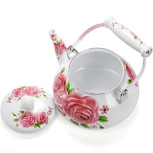 Hiceeden 2.5L Enamel Tea Pot for Stovetop, Pink Vintage Tea Kettle with Floral Pattern, Delicate Cute Steel Water Kettle Pot with Porcelain Handle