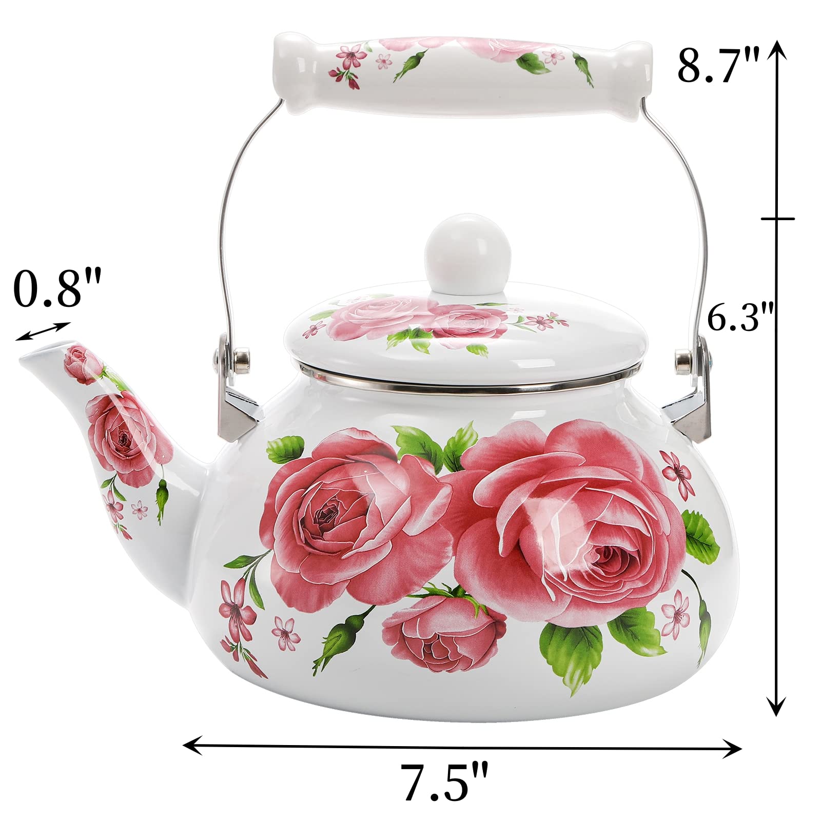 Hiceeden 2.5L Enamel Tea Pot for Stovetop, Pink Vintage Tea Kettle with Floral Pattern, Delicate Cute Steel Water Kettle Pot with Porcelain Handle