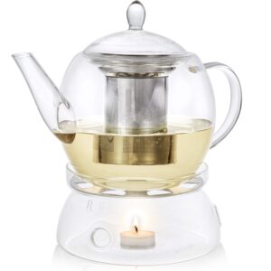 teabloom prague glass tea maker & warmer set – large capacity (45 oz) – heatproof borosilicate glass teapot with removable stainless steel loose tea infuser – stovetop safe kettle