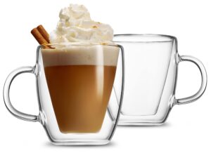 godinger coffee mug set, glass coffee mugs, double wall insulated glass coffee cups, espresso cups, tea cup - 13.5oz, set of 2