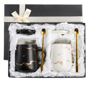 zenfun 2 pack ceramic coffee mugs with gift box, 13.5 oz porcelain mugs set with lid and gold spoon, luxury marbling black and white couple mugs gift, valentine's, office and home, mother's day