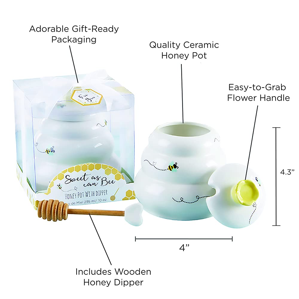 Kate Aspen Sweet as Can Bee Ceramic Large Honey Pot with Wooden Honey Dipper (10 oz), Kitchen Decor, Bumblebee Baby Shower Prize, Take Home Gift, Bee Decorations