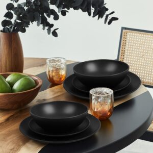 Dinnerware Sets 12 pcs Black Plates and Bowls Sets Melamine Plates Indoor and Outdoor use Matte Black Dish Set Plate Set for 4 Dishwasher Safe(Round)