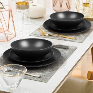 Dinnerware Sets 12 pcs Black Plates and Bowls Sets Melamine Plates Indoor and Outdoor use Matte Black Dish Set Plate Set for 4 Dishwasher Safe(Round)