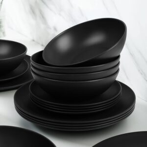 Dinnerware Sets 12 pcs Black Plates and Bowls Sets Melamine Plates Indoor and Outdoor use Matte Black Dish Set Plate Set for 4 Dishwasher Safe(Round)