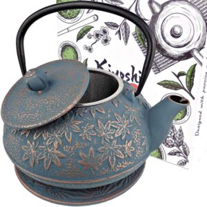 3 piece set japanese cast iron teapot large capacity 40oz with trivet and loose leaf tea infuser, cast iron tea kettle stovetop safe. tetsubin coated with enamel interior - blue teapot