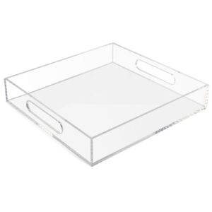 tasybox acrylic serving tray, clear decorative serving trays with handles for kitchen dining room table ottoman vanity countertop 12" x 12"