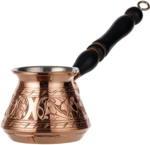 demmex thickest copper turkish greek arabic coffee pot engraved stovetop coffee maker cezve ibrik briki with wooden handle & wooden spoon, for 3 people (copper)