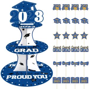 2023 graduation cupcake stand set - blue 3-tier round cardboard cupcake stand with 24 pcs graduation cupcake toppers for graduation party supplies