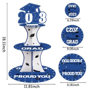 2023 Graduation Cupcake Stand Set - Blue 3-Tier Round Cardboard Cupcake Stand with 24 Pcs Graduation Cupcake Toppers for Graduation Party Supplies