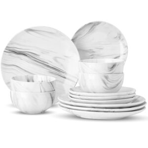 american atelier round dinnerware set-12-piece stoneware modern plates & bowls sets | gift set includes dinner plates and bowls - stoneware dinnerware set, gray