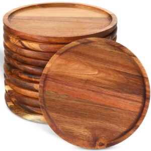 rtteri 12 pcs acacia round dinner plates wood tray round wooden charger plate for sandwich dishes snack dessert salad fruit, easy cleaning lightweight, 8 inch