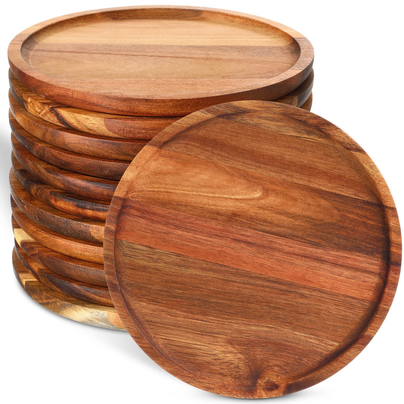 Rtteri 12 Pcs Acacia Round Dinner Plates Wood Tray Round Wooden Charger Plate for Sandwich Dishes Snack Dessert Salad Fruit, Easy Cleaning Lightweight, 8 Inch