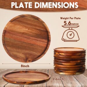 Rtteri 12 Pcs Acacia Round Dinner Plates Wood Tray Round Wooden Charger Plate for Sandwich Dishes Snack Dessert Salad Fruit, Easy Cleaning Lightweight, 8 Inch