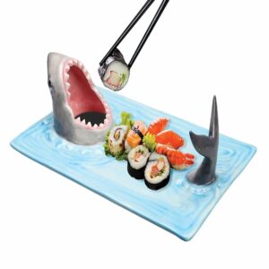 what on earth shark attack sushi plate - hand-painted ceramic serving tray with soy sauce holder and funny chopsticks rest, fish serving platter