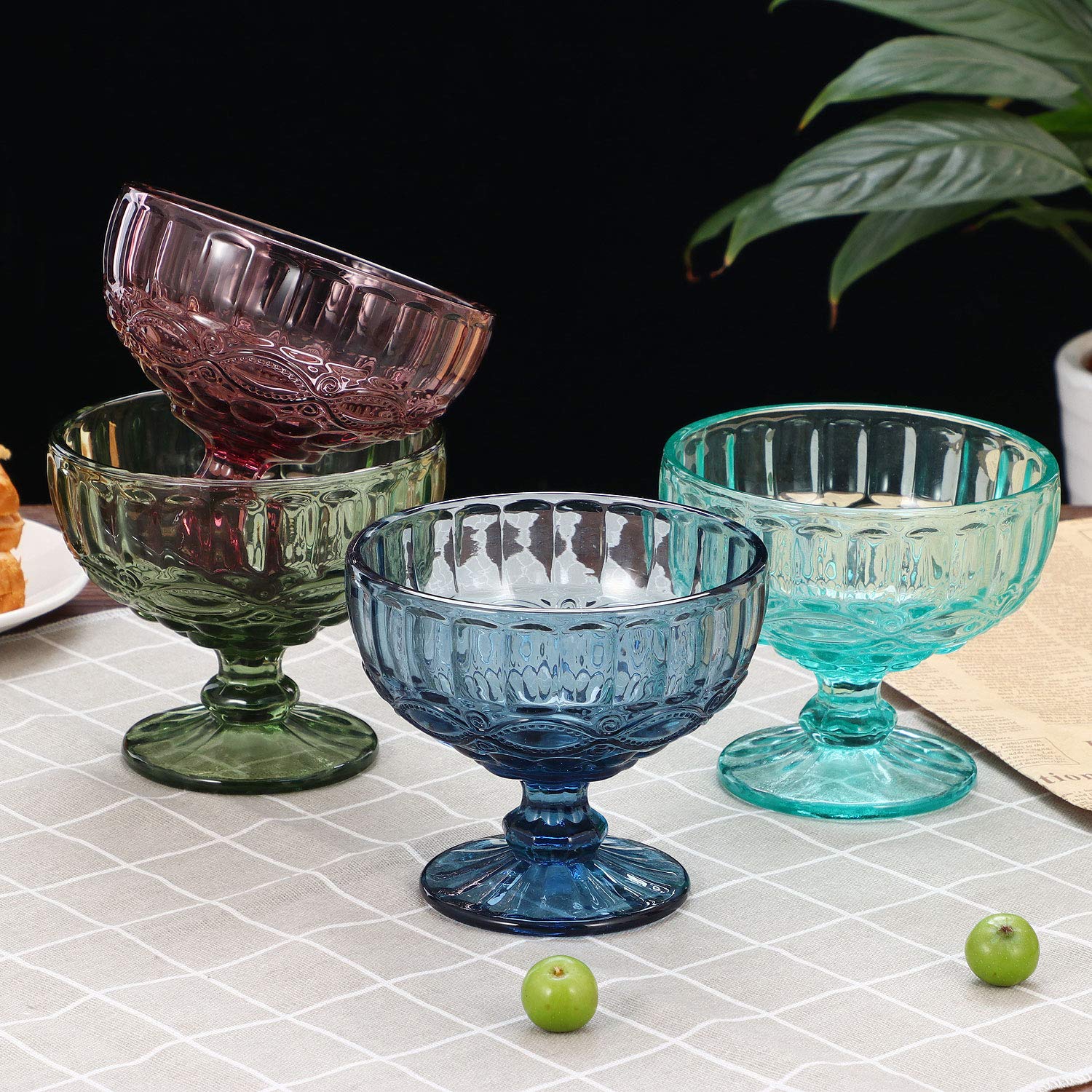 VanEnjoy Green Vintage Pressed Pattern Glass Ice Cream Cups/Dessert Bowls - Set of 4,12 Oz