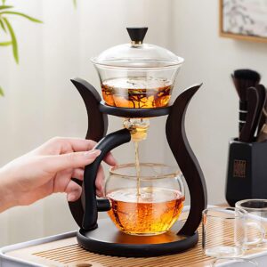 cunhuy lazy kungfu drip teapot, heat resistant tea set, semi-automatic glass teapot suit for magnetic water flow wooden glass teapot set (wooden handle+glass body)