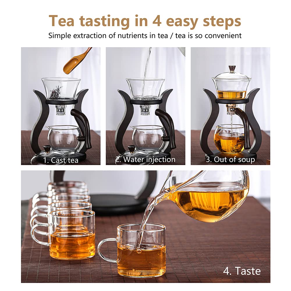 CUNHUY Lazy Kungfu Drip TeaPot, Heat Resistant Tea Set, Semi-Automatic Glass Teapot Suit for Magnetic Water Flow Wooden Glass Teapot Set (Wooden handle+glass body)
