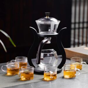 CUNHUY Lazy Kungfu Drip TeaPot, Heat Resistant Tea Set, Semi-Automatic Glass Teapot Suit for Magnetic Water Flow Wooden Glass Teapot Set (Wooden handle+glass body)