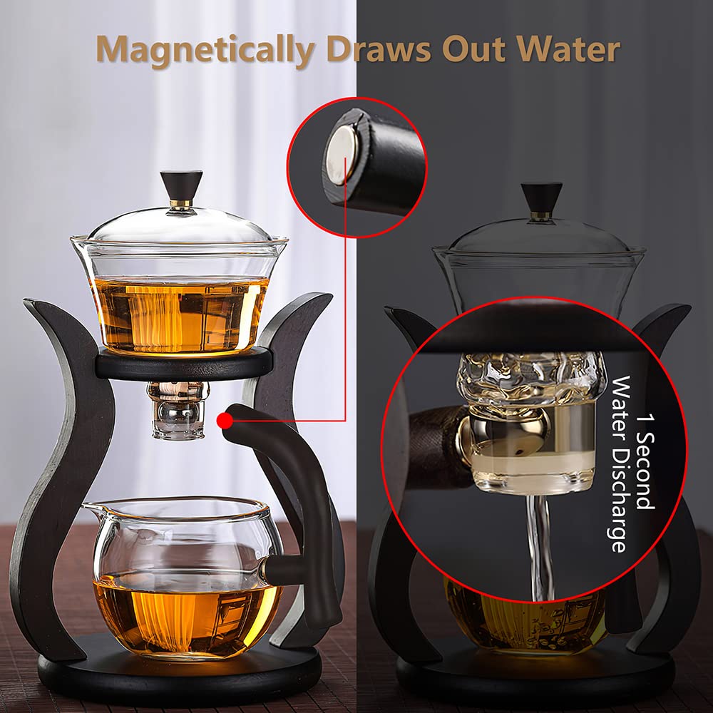 CUNHUY Lazy Kungfu Drip TeaPot, Heat Resistant Tea Set, Semi-Automatic Glass Teapot Suit for Magnetic Water Flow Wooden Glass Teapot Set (Wooden handle+glass body)