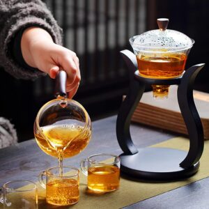 CUNHUY Lazy Kungfu Drip TeaPot, Heat Resistant Tea Set, Semi-Automatic Glass Teapot Suit for Magnetic Water Flow Wooden Glass Teapot Set (Wooden handle+glass body)