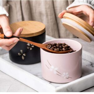 Ceramic Retro Flower Sugar Bowl Spice Jar Storage Pot with Wooden Lid