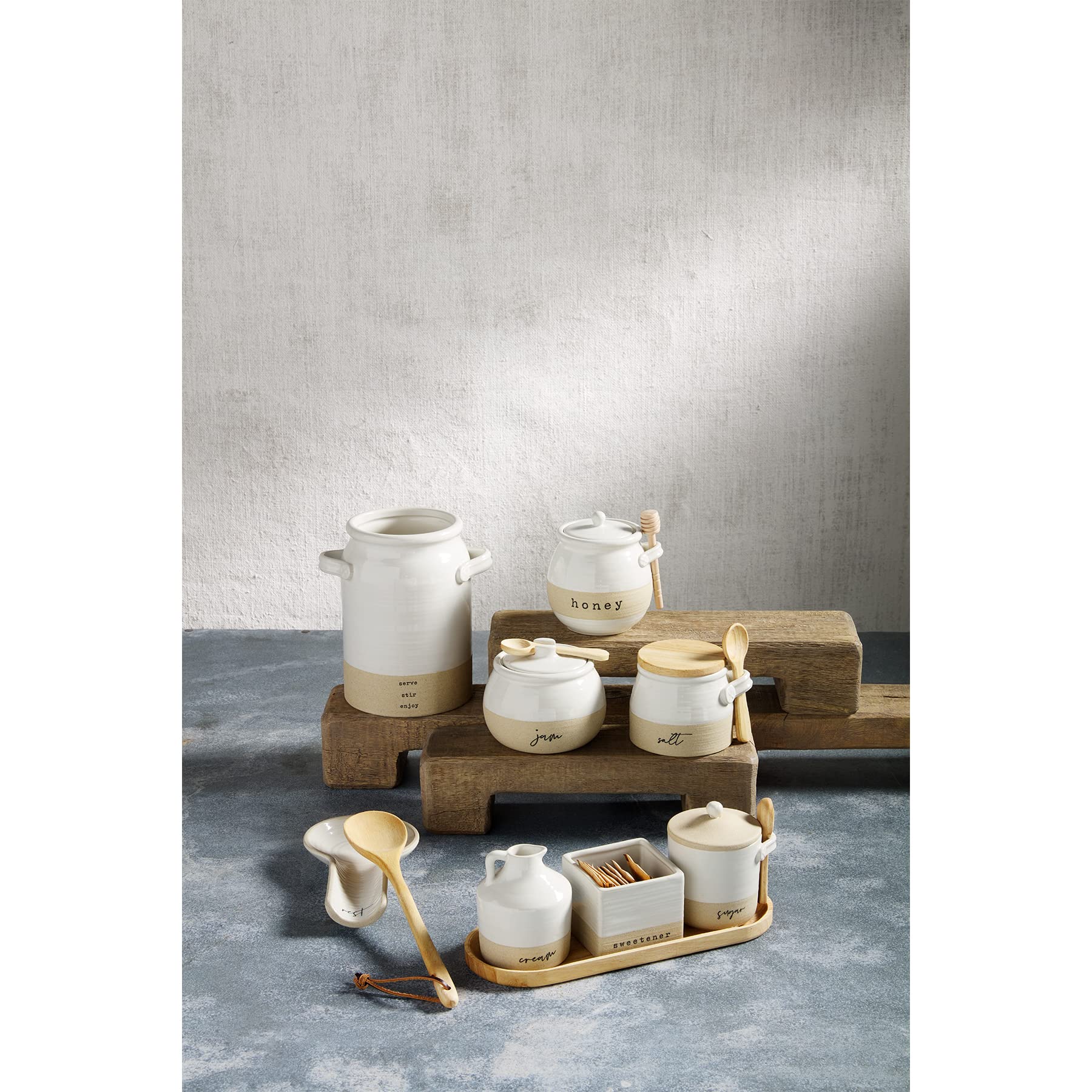 Mud Pie 47800013, White/Natural, Stoneware Cream and Sugar Set, assembled 5" x 11"