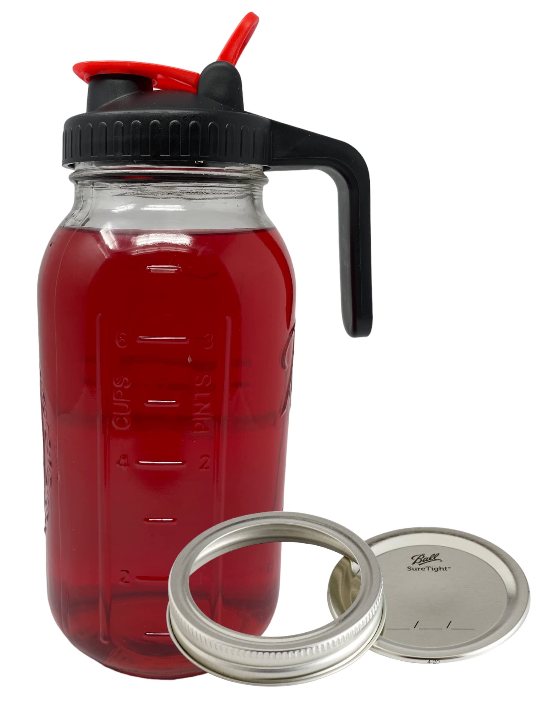 64 OZ Mason Jar Pitcher Wide Mouth 64 oz Mason Jar Pitcher with Airtight Lid and metal lid and band - 2 Quart Pitcher for Iced Tea, Sun Tea, Juice, Coffee (Red)