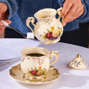 YOLIFE Ceramic Sugar and Creamer Set, Vintage Ivory Flowering Shrubs Golden Leaves Edge Porcelain Creamer Sugar Bowl with Lid Coffee Server Set Gifts