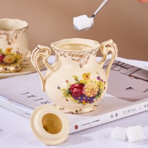 YOLIFE Ceramic Sugar and Creamer Set, Vintage Ivory Flowering Shrubs Golden Leaves Edge Porcelain Creamer Sugar Bowl with Lid Coffee Server Set Gifts