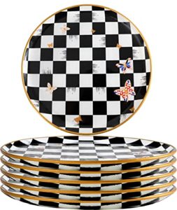 glass plate set 7,8 inch - salad plates | dessert plates - lunch plates - small, set of 6, suitable for snacks, appetizer, home, party, restaurant (checkered (white-black))